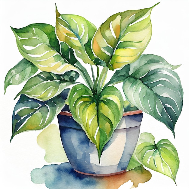 Pintura a aquarela de planta de Pothos em pote Jardim doméstico Planta de casa verde Arte desenhada à mão abstrata