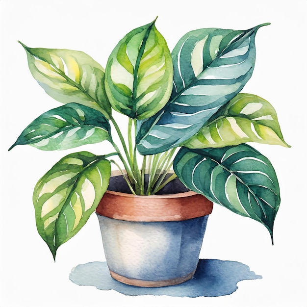 Pintura a aquarela de planta de Pothos em pote Jardim doméstico Planta de casa verde Arte desenhada à mão abstrata