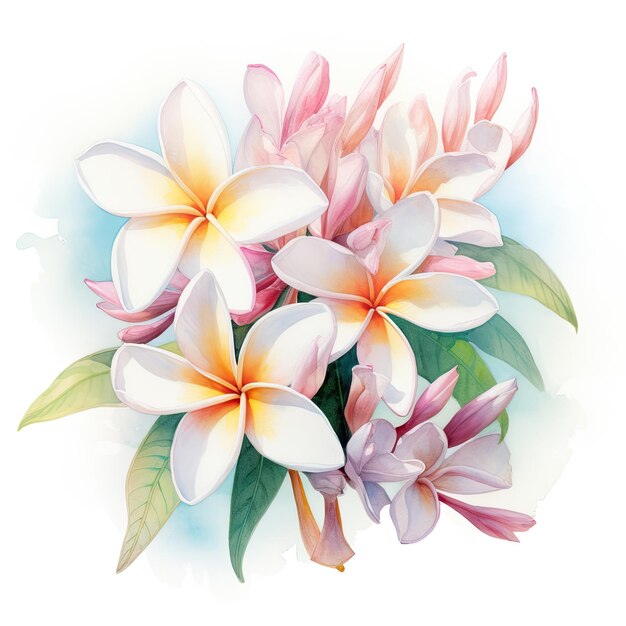 Pintura a aquarela de plumeria com fundo branco