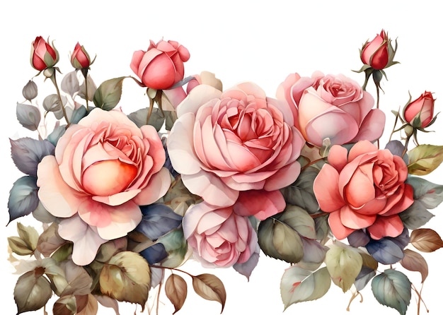 Pintura a aquarela de rosas cor-de-rosa