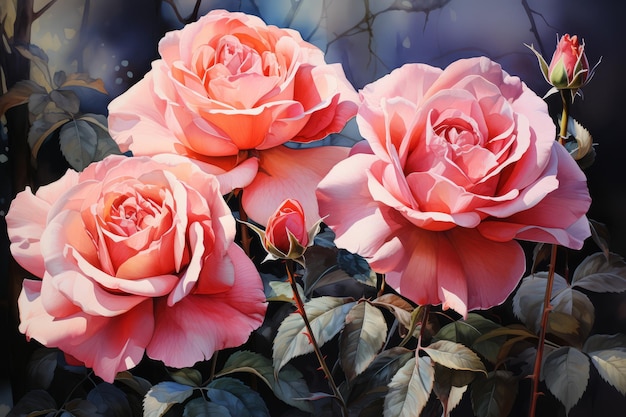 Pintura a aquarela de rosas jardim romântico macio foto de alta qualidade