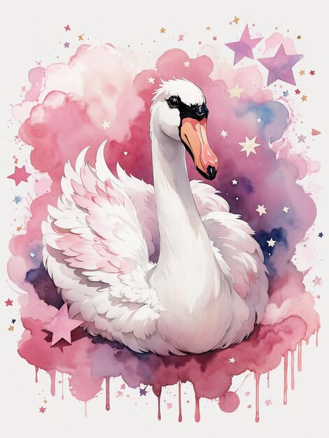 Pintura a aquarela de um bonito cisne rosa de desenho animado e cercado por pequenas estrelas
