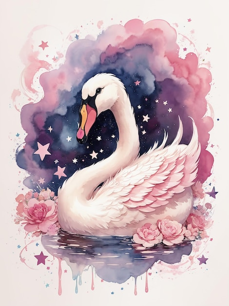 Pintura a aquarela de um bonito cisne rosa de desenho animado e cercado por pequenas estrelas