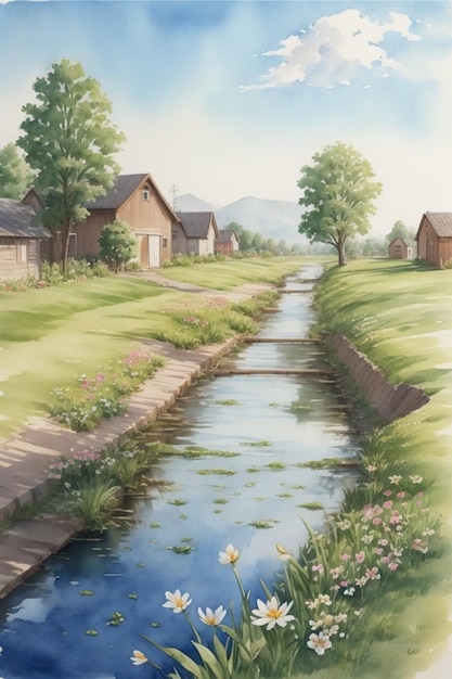 Pintura a aquarela de um canal de irrigação com pequenas casas