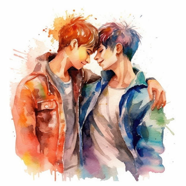 Pintura a aquarela de um casal LGBT de dezoito anos