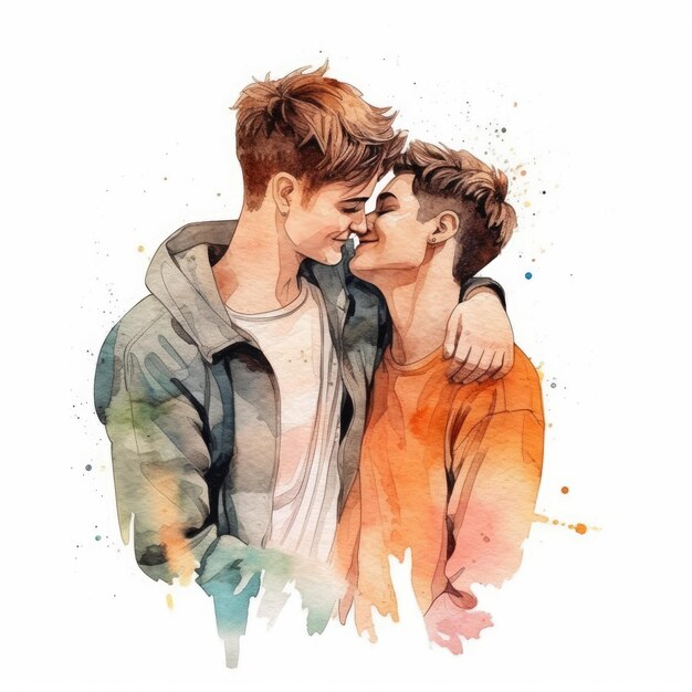 Pintura a aquarela de um casal LGBT de dezoito anos
