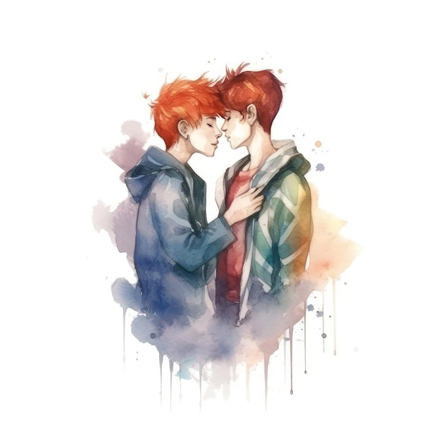 Pintura a aquarela de um casal LGBT de dezoito anos