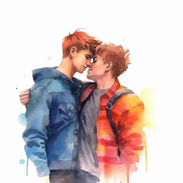 Pintura a aquarela de um casal LGBT de dezoito anos