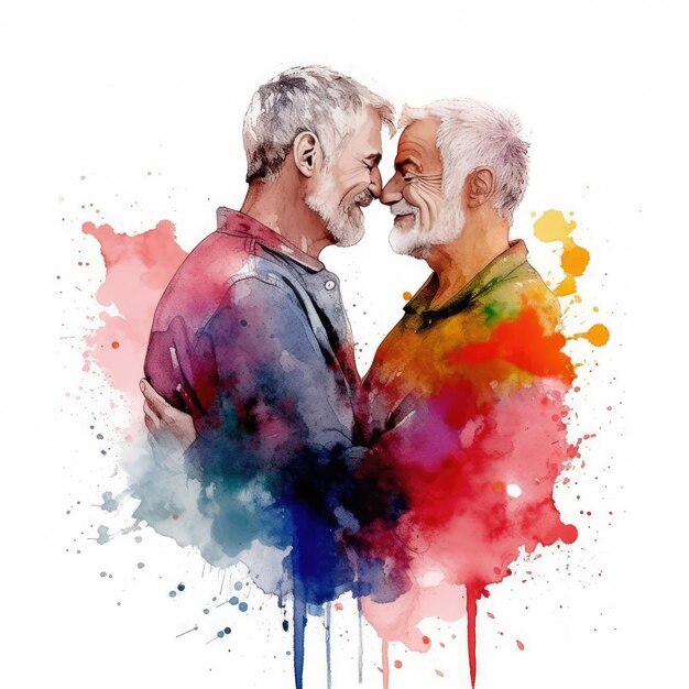 Foto pintura a aquarela de um casal lgbt de sessenta anos