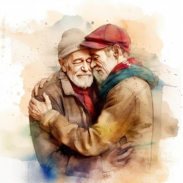Pintura a aquarela de um casal LGBT de sessenta anos