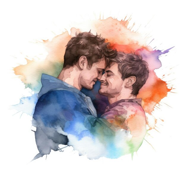 Foto pintura a aquarela de um casal lgbt de trinta anos