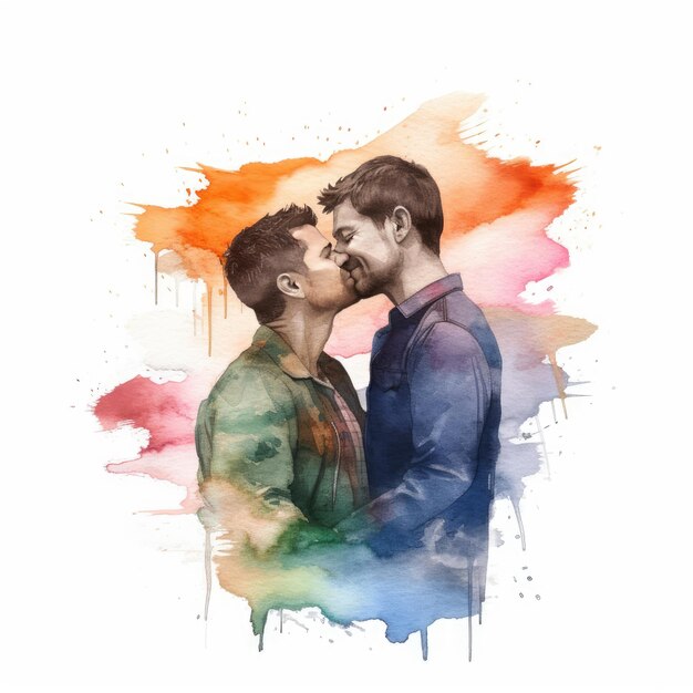 Pintura a aquarela de um casal LGBT de trinta anos