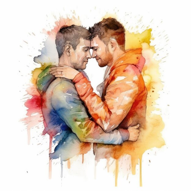 Pintura a aquarela de um casal LGBT de trinta anos