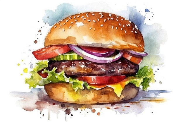 pintura a aquarela de um grande hambúrguer saboroso com carne e legumes em cores brilhantes em branco produto de fast food IA generativa