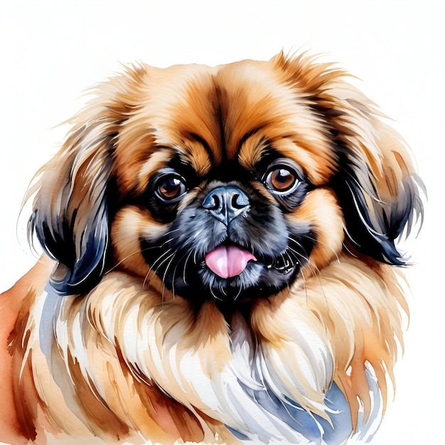 Pintura a aquarela de um retrato de cão pekinês