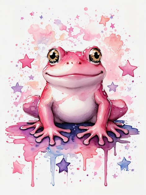 Pintura a aquarela de um sapo rosa de desenho animado bonito e cercado por pequenas estrelas