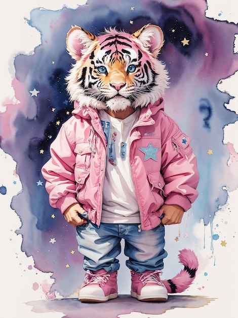 Pintura a aquarela de um tigre rosa de desenho animado bonito e cercado por pequenas estrelas