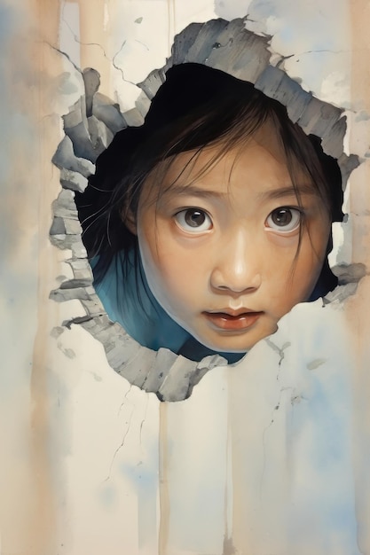 Pintura a aquarela de uma bela criança olhando através de um buraco