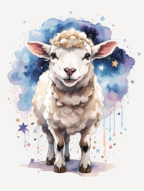 Pintura a aquarela de uma bonita ovelha de desenho animado e cercada por pequenas estrelas