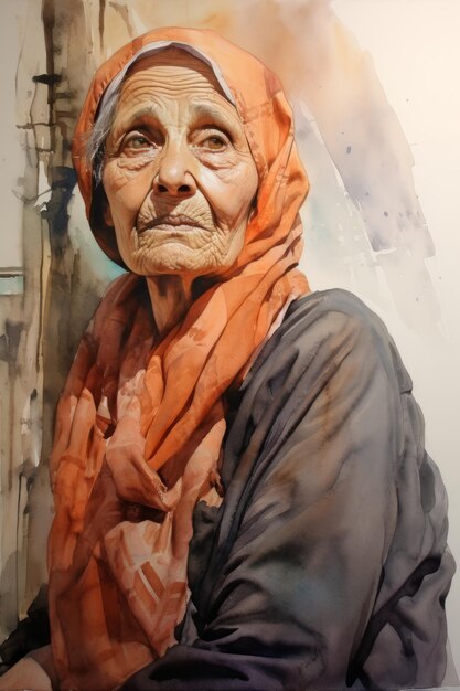 Pintura a aquarela de uma impressão de uma velhota com um lenço