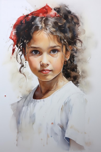 Pintura a aquarela de uma menina em branco