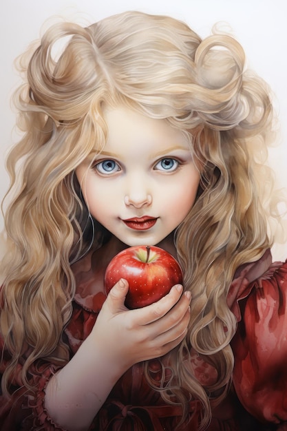 Pintura a aquarela de uma pintura de uma menina comendo uma maçã