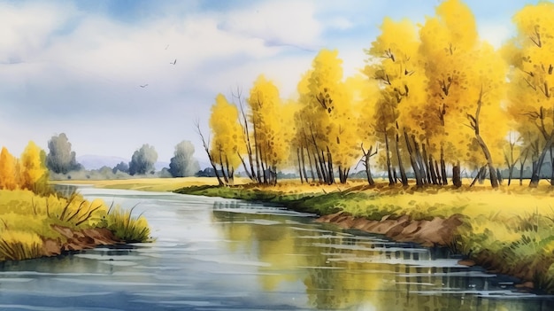 Pintura a aquarela do rio Dnieper com salgueiro e álamo