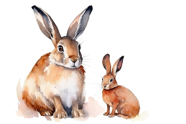 Pintura a aquarela ilustração de lebre selvagem com coelhinho bonito