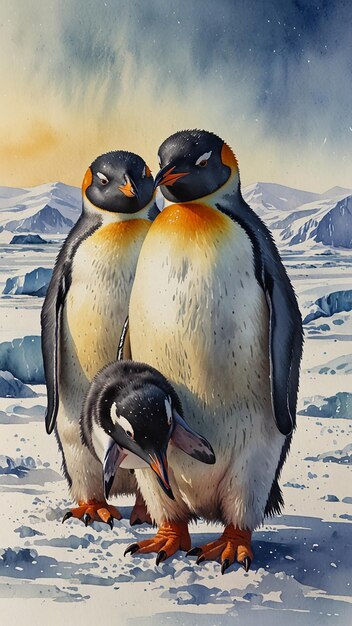 Foto pintura a aquarela um grupo de pinguins se amontoando para se aquecer nas frias terras da antártida