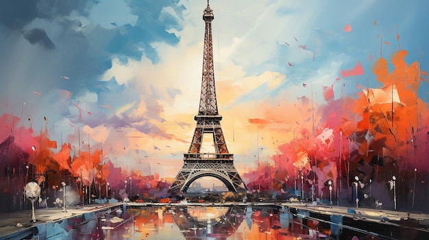 Pintura a óleo abstrata de mídia mista da Torre Eiffel