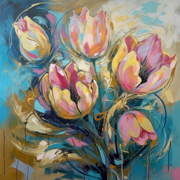 Pintura a óleo abstrata de tulipas cor de rosa douradas e claras