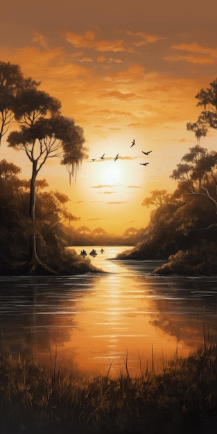 Pintura a óleo altamente detalhada da lagoa no nascer do sol dourado no estilo Weeknd