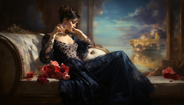 pintura a óleo cheia de estilo retrô rico com uma senhora elegante na foto fotografia de reflexão
