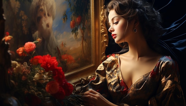 pintura a óleo cheia de estilo retrô rico com uma senhora elegante na foto fotografia de reflexão