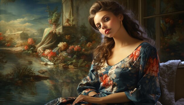 pintura a óleo cheia de estilo retrô rico com uma senhora elegante na foto fotografia de reflexão