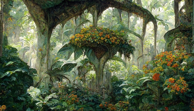 Pintura a óleo das flores de folhas grandes do dossel da selva renderização em 3D detalhada