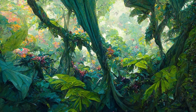 Pintura a óleo das flores de folhas grandes do dossel da selva renderização em 3D detalhada