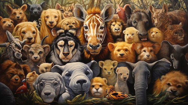 Pintura a óleo de arte animal lúdica e animada