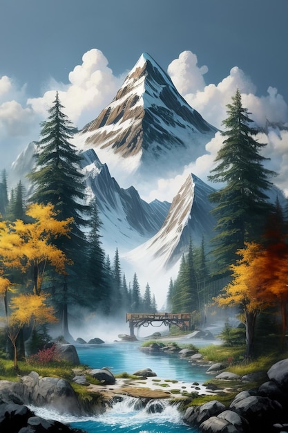 pintura a óleo de belas paisagens de primavera, florestas, montanhas de neve e rios em tela