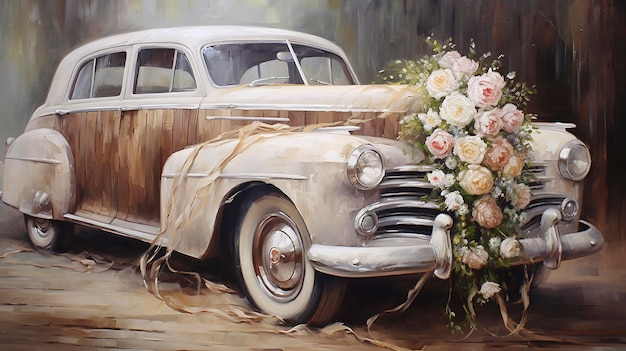 Pintura a óleo de carro de casamento de luxo branco clássico