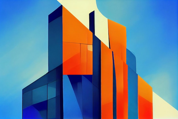 Pintura a óleo de edifício em estilo de arte Bauhaus Cor Azul Marinho Laranja Amarelo