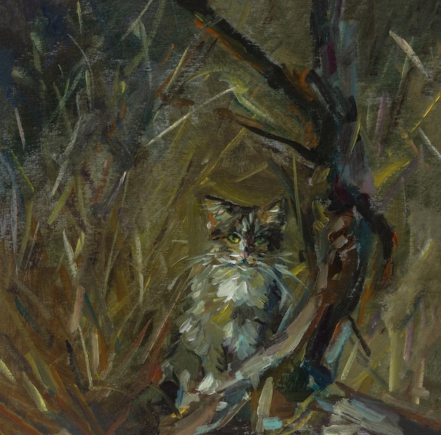 Pintura a óleo de gato marrom. Retrato de um gato malhado mal entre arbustos e grama.