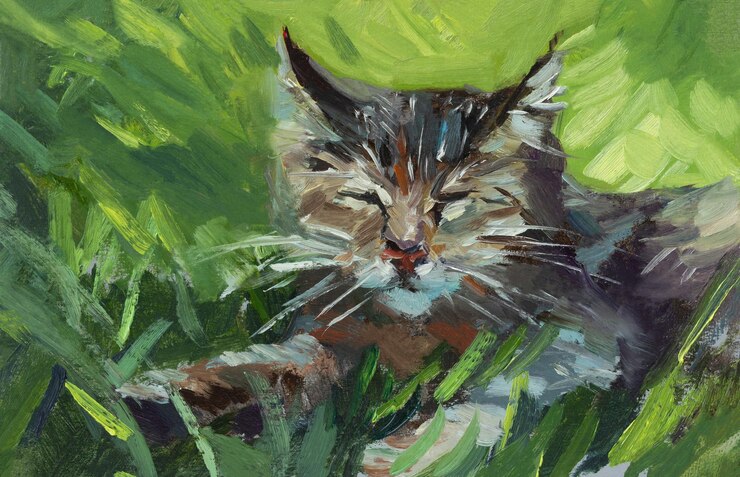 Foto pintura a óleo de gato. retrato de um gatinho dormindo na grama verde. animal de estimação engraçado bonito