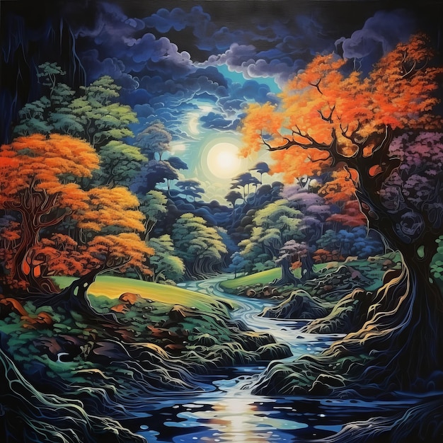 Pintura a óleo de paisagem de fantasia vibrante com árvores, lua e rio