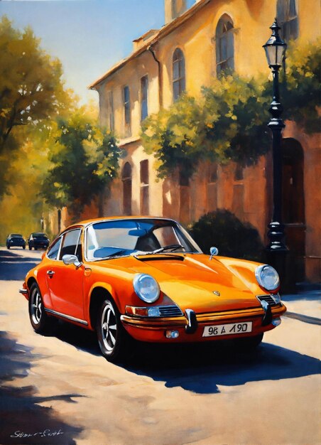 pintura a óleo de Porsche 911 vintage no estilo de John Singer Sargent