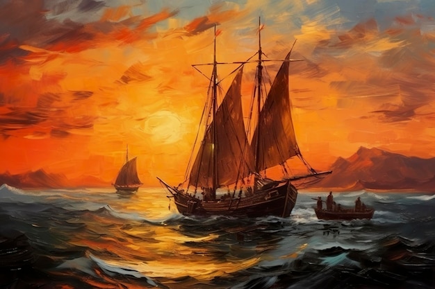 Pintura a óleo de um barco de pescador ao pôr do sol no conceito de paisagem do mar AI Generative