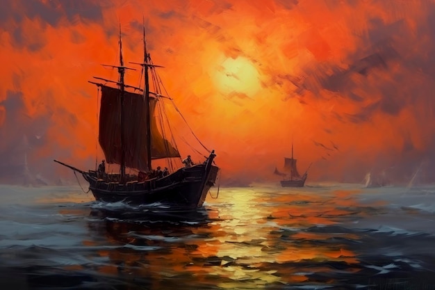 Pintura a óleo de um barco de pescador ao pôr do sol no conceito de paisagem do mar AI Generative