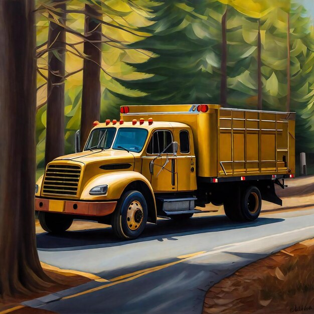 Pintura a óleo de um caminhão amarelo na estrada na floresta