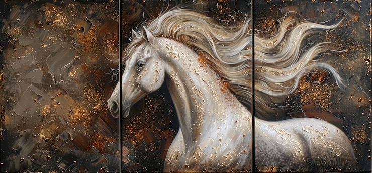 Pintura a óleo de um cavalo árabe com uma longa crina e cauda fluindo mostrando uma vista de corpo inteiro para decoração de parede de luxo