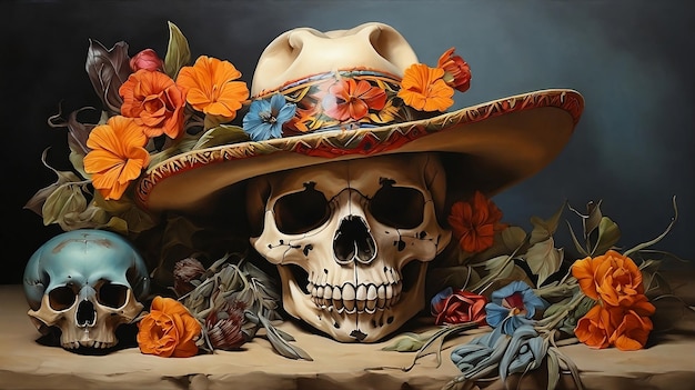 pintura a óleo de um crânio humano mexicano com flores e cachos com folhas